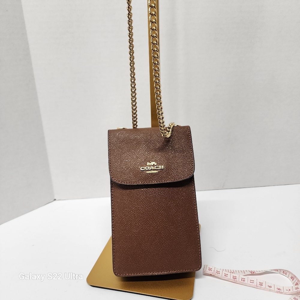 Coach Brown/Tan Leather Crossbody Phone Bag Wallet Chain Strap Gold Hardware